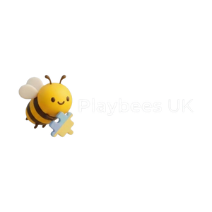 A small 3D cartoon bee holding a light blue puzzle piece on a plain white background, with faint 'Playbees UK' text behind it.